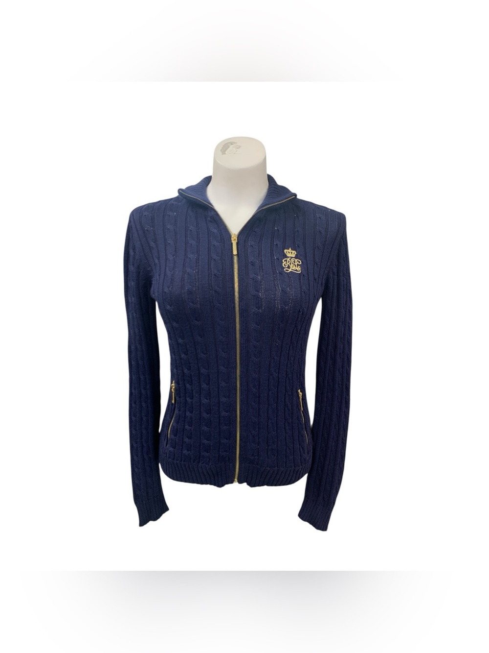 Ralph Lauren Navy Cable Knit Zip-Up Sweatshirt with Crest Size XXS